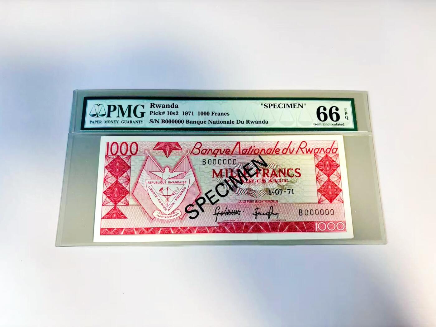【Blue Auction】世界纸币精拍第807期——18级TOP拍卖/信誉/品质/专业/高效💫 【样钞】卢旺达 1971年1000法郎 PMG66EPQ 