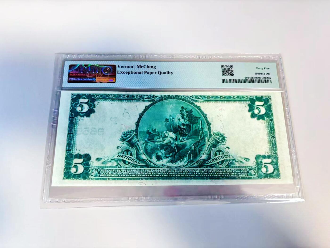 【Blue Auction】世界纸币精拍第807期——18级TOP拍卖/信誉/品质/专业/高效💫 美国1902年5美金 第23任美国总统大胡子本杰明·哈里森 背面经典油画《Landing of the Pilgrims》（朝圣者登陆） PMG45EPQ 雕刻精细 原票