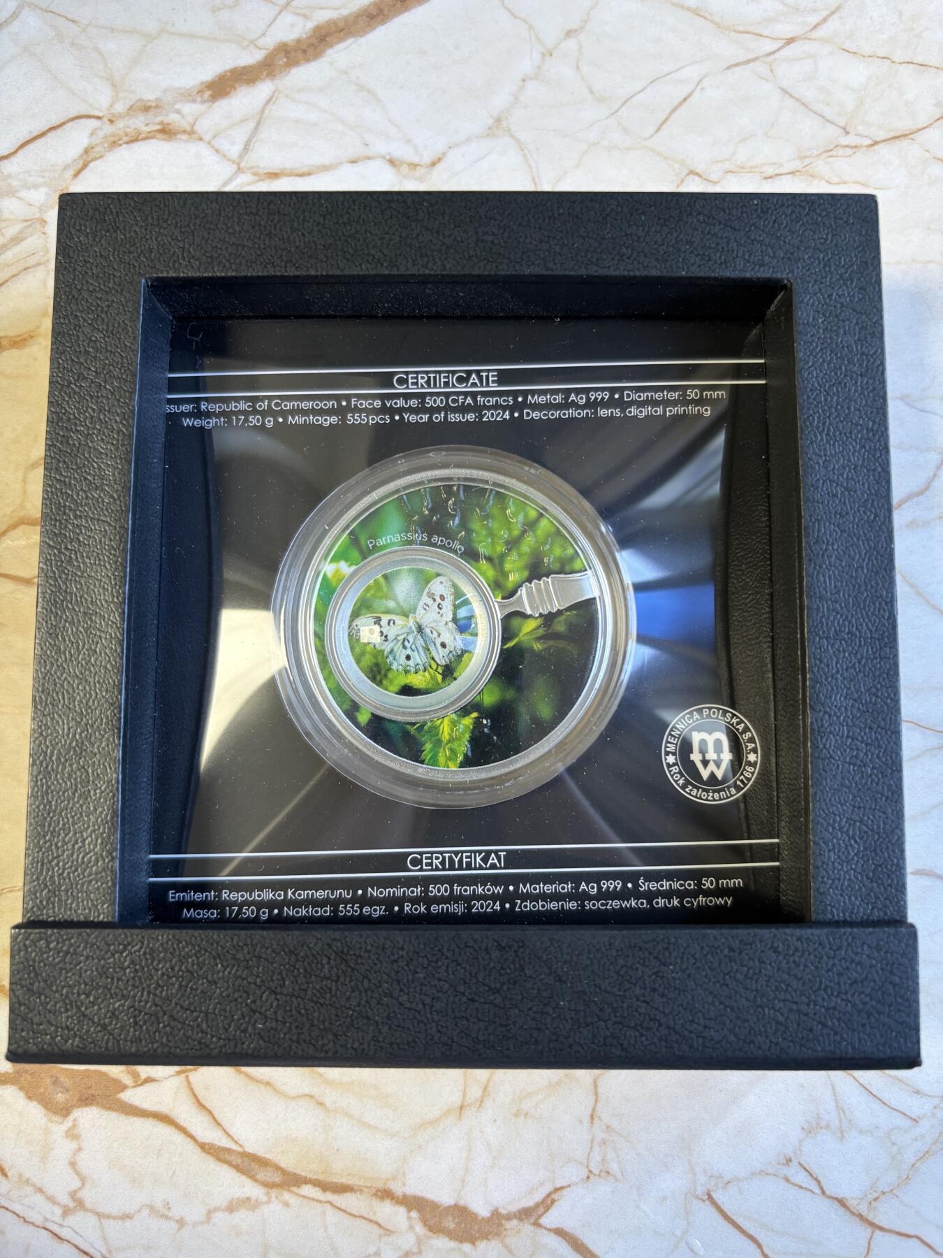 第197期拍卖 喀麦隆2024年自然之美系列阿波罗绢蝶彩色纪念银币，999银，17.5克，发行555枚，有起泡