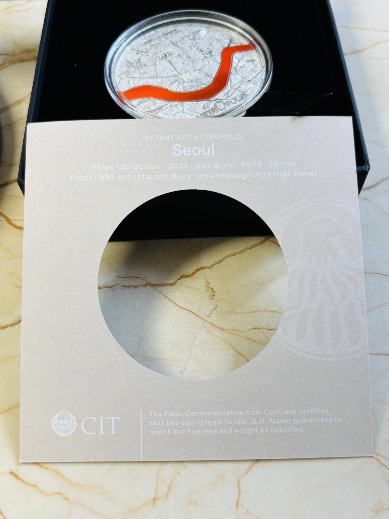 帕劳2024年蒂凡尼大都会4首尔高浮雕3盎司银币，999银，发行999枚