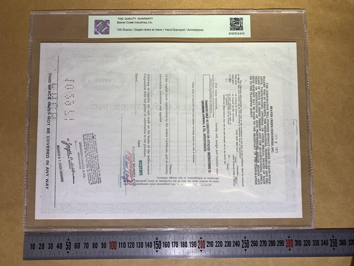 【礼羽收藏】🌏世界钱币拍卖第132期 【N 30349】1971年美国Beaver Creek Industries公司100股普通股凭证，每股面值1美元，N冠，PCGS64 Choice UNC 评级