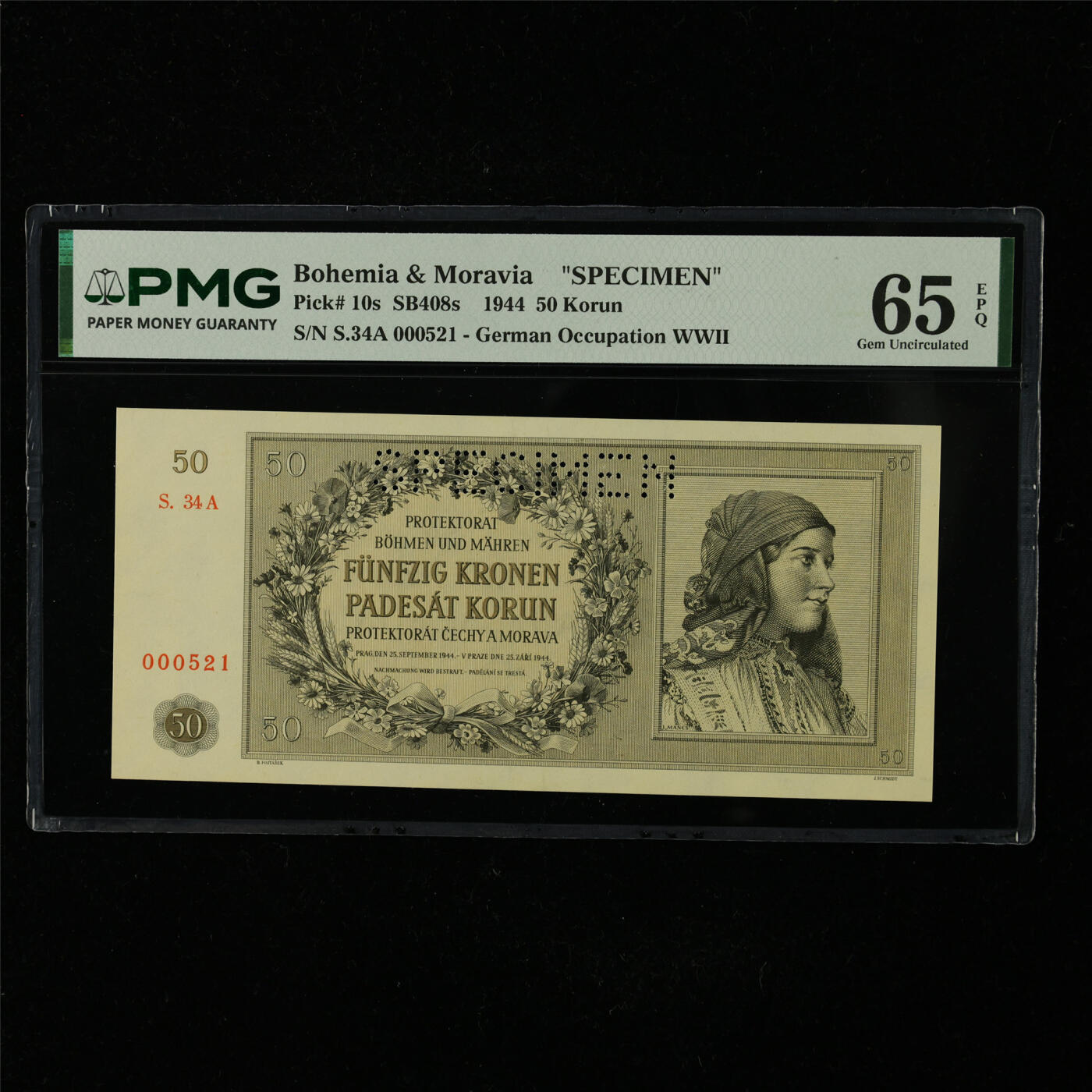 【亘邦集藏】第227期拍卖 1944年 波西米亚和摩拉维亚样钞50克朗 PMG 65EPQ S.34A 000521
