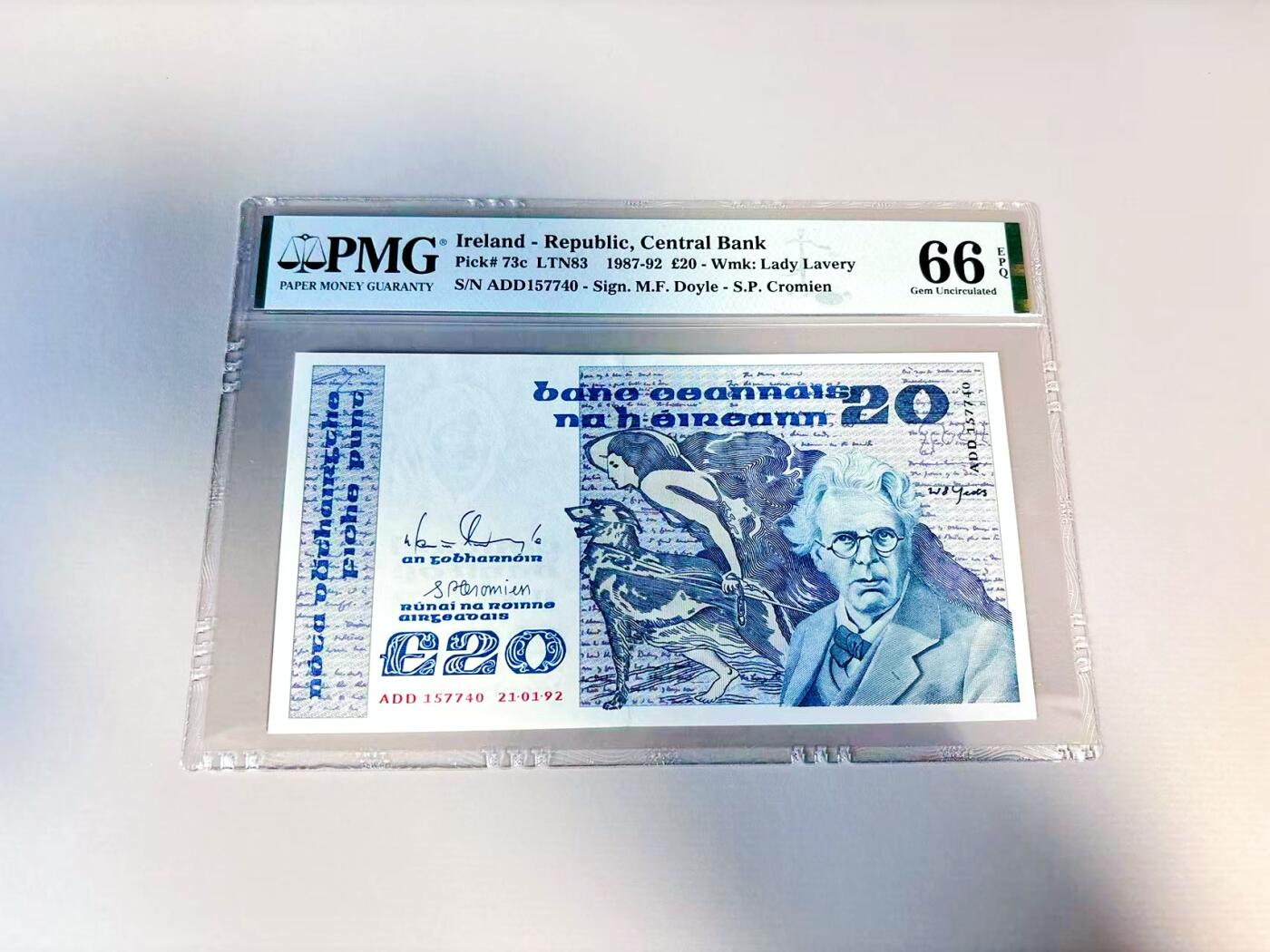 【Blue Auction】世界纸币精拍第807期——18级TOP拍卖/信誉/品质/专业/高效💫 爱尔兰 1992年20镑 诗人叶芝 PMG66EPQ 