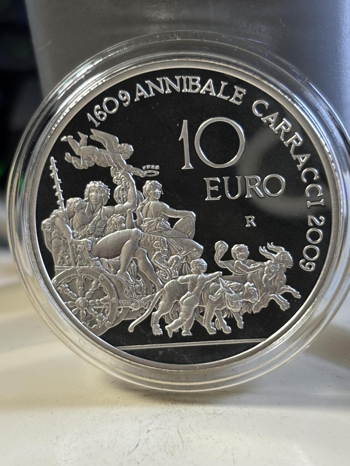 第197期拍卖 意大利2009年画家卡拉奇逝世400周年精制纪念银币，925银，22克，发行9000枚，有氧化