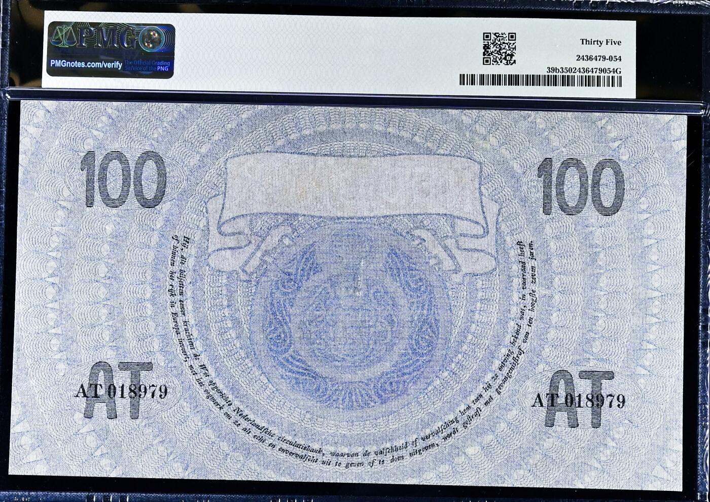 【Blue Auction】世界纸币精拍第807期——18级TOP拍卖/信誉/品质/专业/高效💫 【冠军分 稀少早期b版】荷兰1924年100盾 阿斯克勒庇俄斯之杖 坐姿女性为彼时阿姆斯特丹国立美术研究院的模特 其名Grietje Seel成为荷兰20年代高面额纸币的统称 由国宝级艺术家、史上第一张10荷兰盾纸币的设计师Nicolaas van der Waay绘制 评级量远低于常见1927-29年d版 右下不明显Buiten Omloop紫戳 PMG35