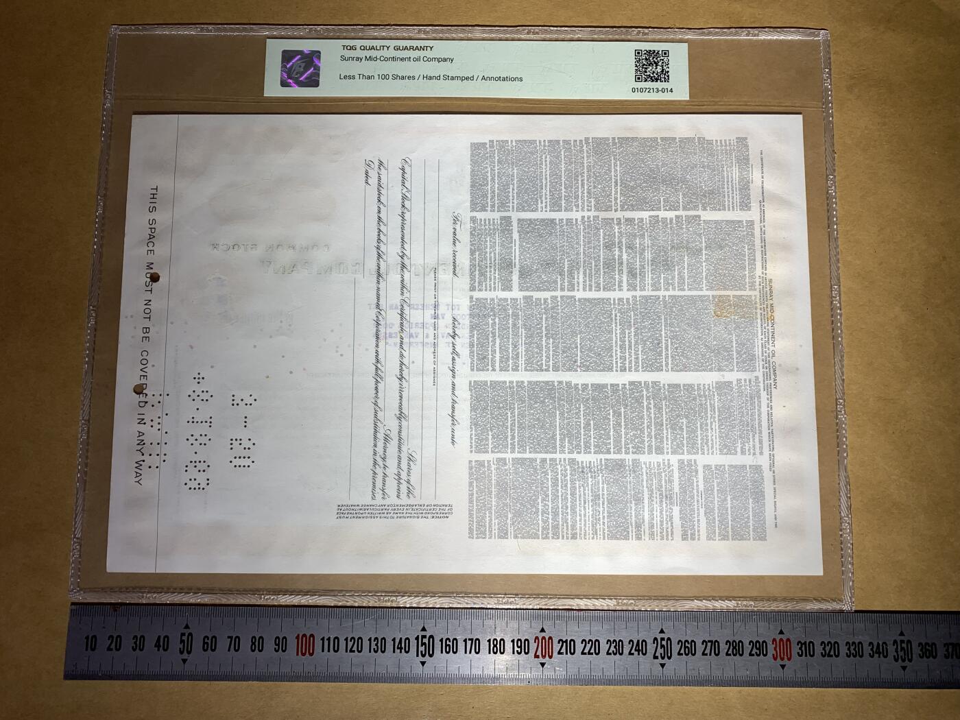 【礼羽收藏】🌏世界钱币拍卖第132期 【06892】1955年美国Sunray Mid-Continent石油公司10美元普通股凭证，无3457尾892 朦胧号，TQG60 评级