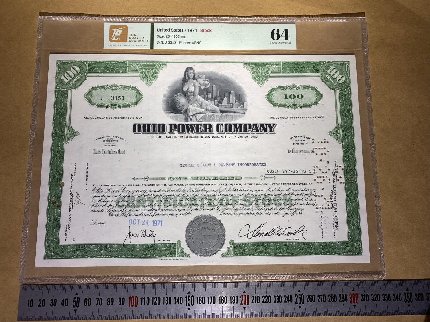【礼羽收藏】🌏世界钱币拍卖第132期 【J3353】1971年美国俄亥俄电力公司7.60%累计优先股凭证，100股，J冠，无47尾353 永恒号，TQG64 评级
