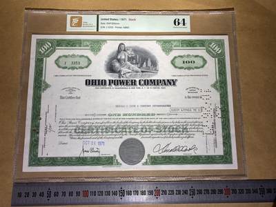 【礼羽收藏】🌏世界钱币拍卖第132期 - 【J3353】1971年美国俄亥俄电力公司7.60%累计优先股凭证，100股，J冠，无47尾353 永恒号，TQG64 评级