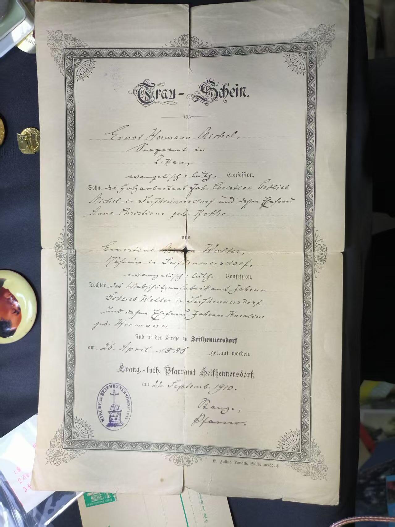 云宸嘉赏-勋臻佳藏四月精品甄选场次（低佣 一元一手） 德意志帝国时期（1910 年）新教教会出具结婚证书 带教会印章