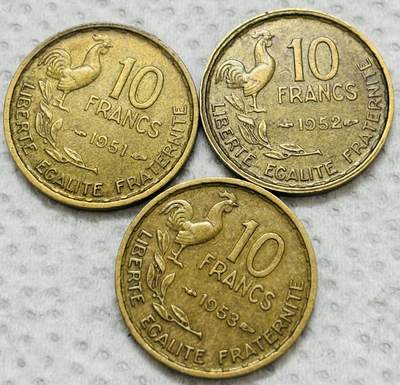 文馨钱币收藏第 299 场，长期接代拍业务 - 好品法国高卢雄鸡 10 法郎铜币 1951-52-53 年