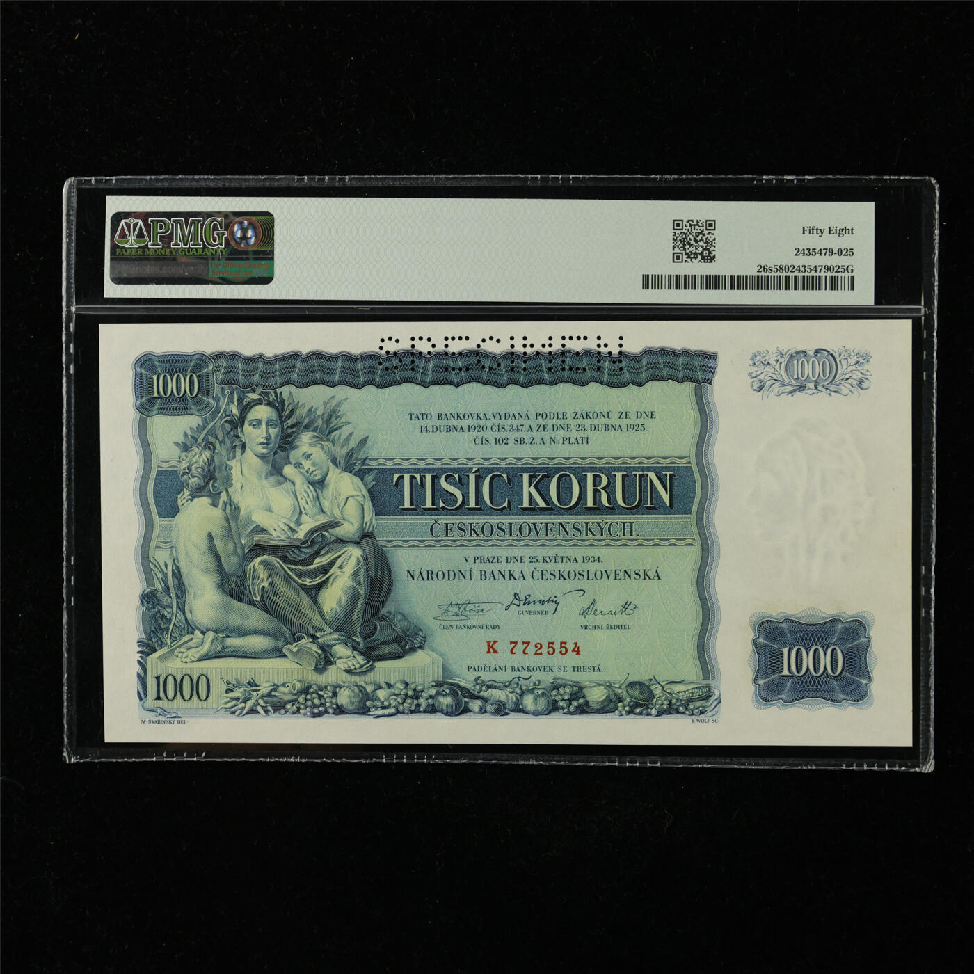 【亘邦集藏】第227期拍卖 1934年 捷克斯洛伐克国家银行样钞1000克朗 PMG 58 K772554