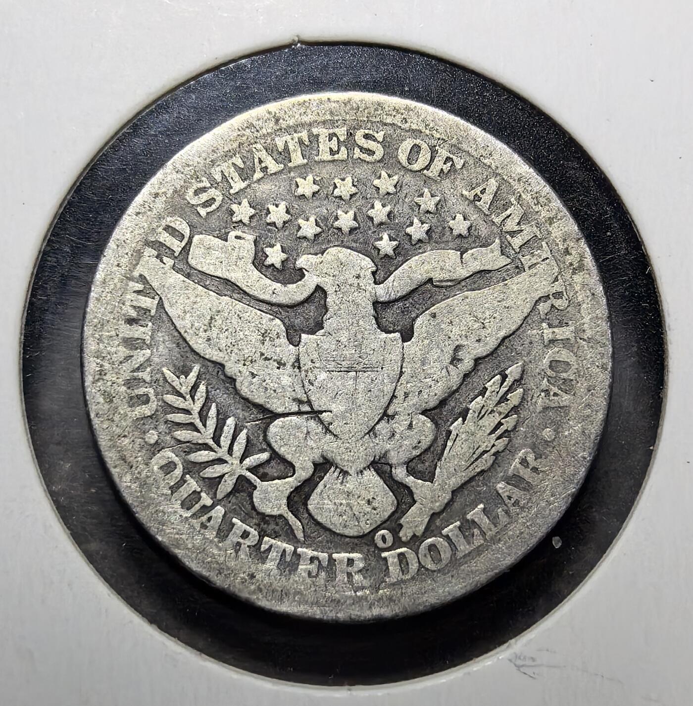 外国优质老铜币纪念币银币专场，周六晚上九点倒数截拍，满百包邮，周日发货,可寄存半年，喜欢朋友微信扫描二维码可直接参拍 美国 1894年新奥尔良造币厂（O 标）巴伯 25 美分银币，由查尔斯・巴伯设计，1892-1916 年发行，是美国 19 世纪末流通银币，见证美国货币近代化与南部造币史。