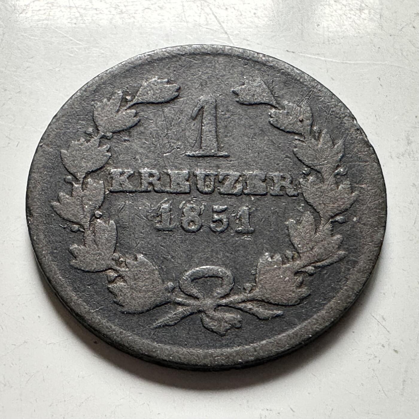 🌹外币初藏🌹🐯2026年第40场   每周二四六晚8️⃣点 世界钱币 巴登 1851年 利奥波德一世 1克罗伊策铜币 