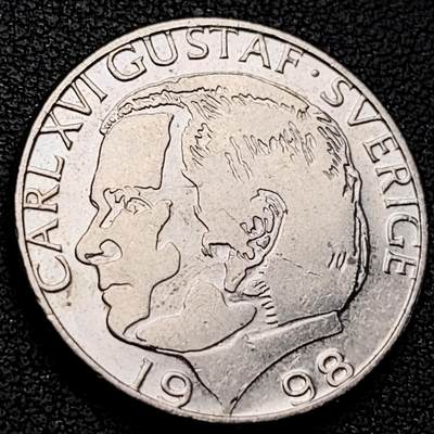 泉币菌-第223场-拍品多 请提前出价(工作原因  发货比较迟缓 已在拍卖规则里面说明 望理解) - 瑞典1998年 1克朗铜镍币 卡尔十六世·古斯塔夫 25mm