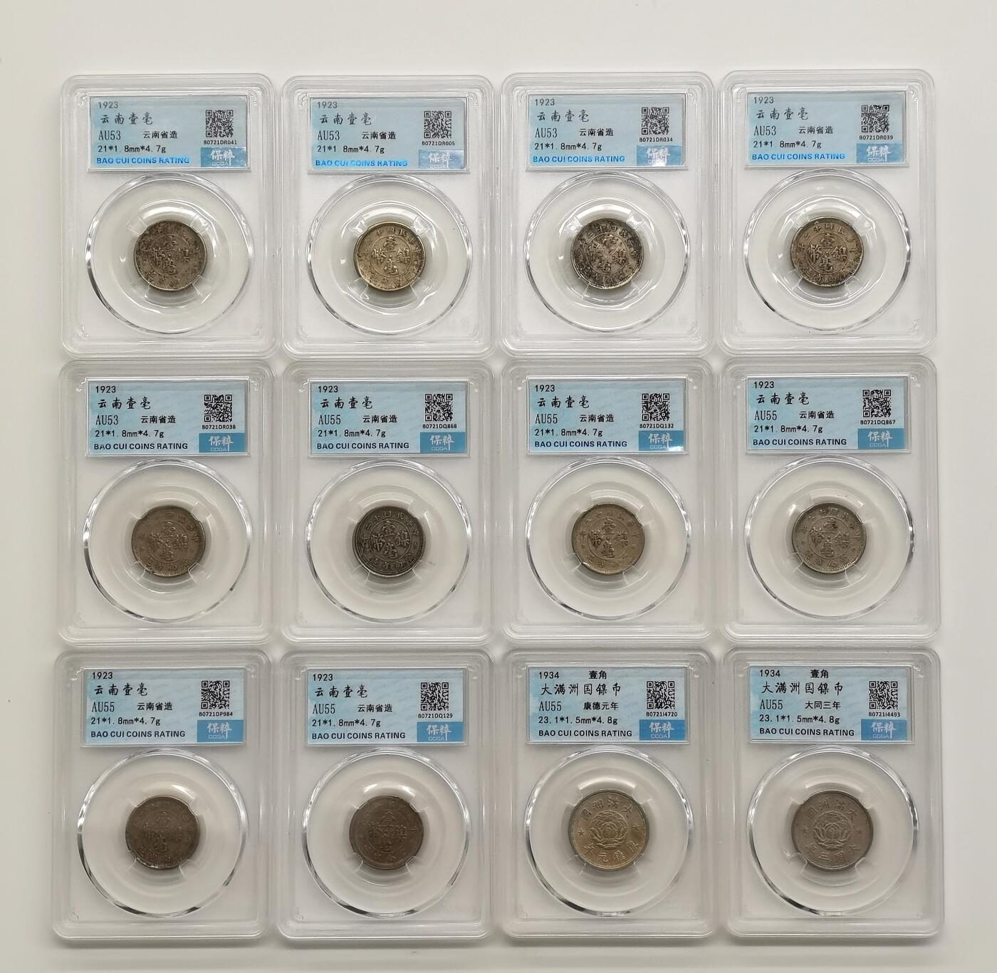 博洋堂世界钱币拍卖第168期（全场包邮） 民国镍币一组12枚，包含云南省造壹毫镍币10枚+大满洲国康德、大同壹角2枚