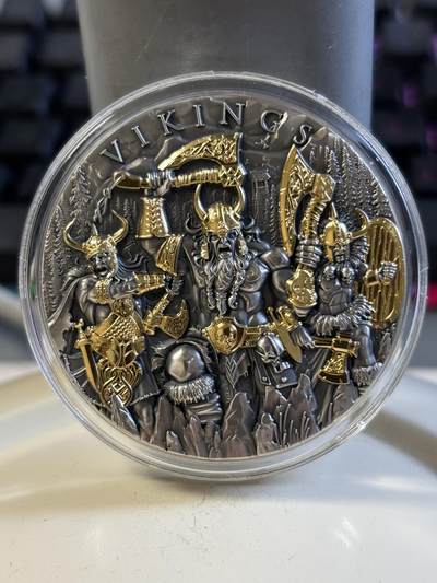 第197期拍卖 - 纽埃2024年维京人2盎司高浮雕仿古镀金纪念银币，999银，发行500枚