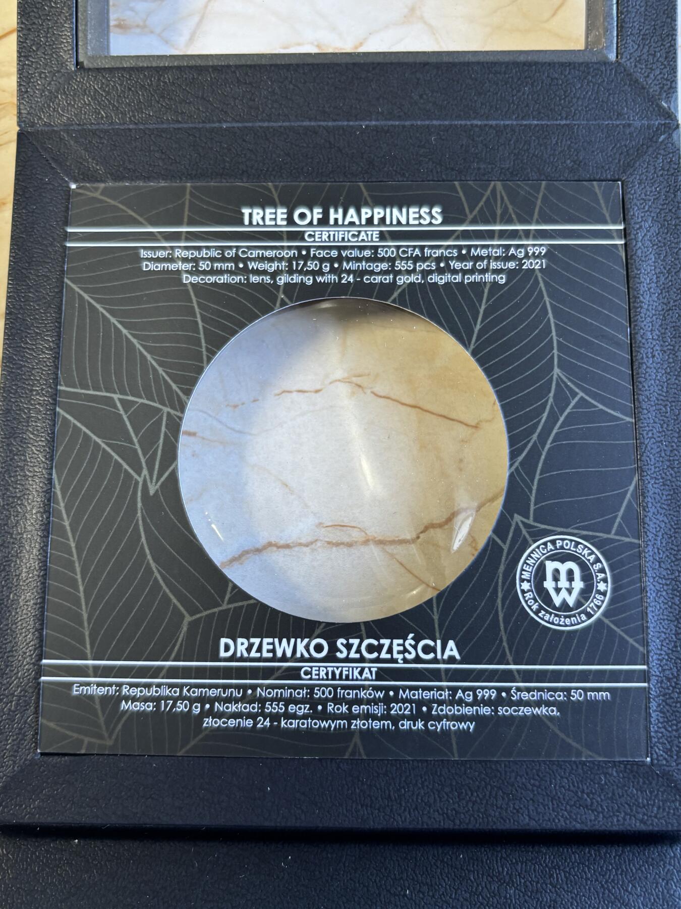 第197期拍卖 喀麦隆2021年幸运树2镶嵌彩色精制双面镀金银币17.5克，999银，发行555枚