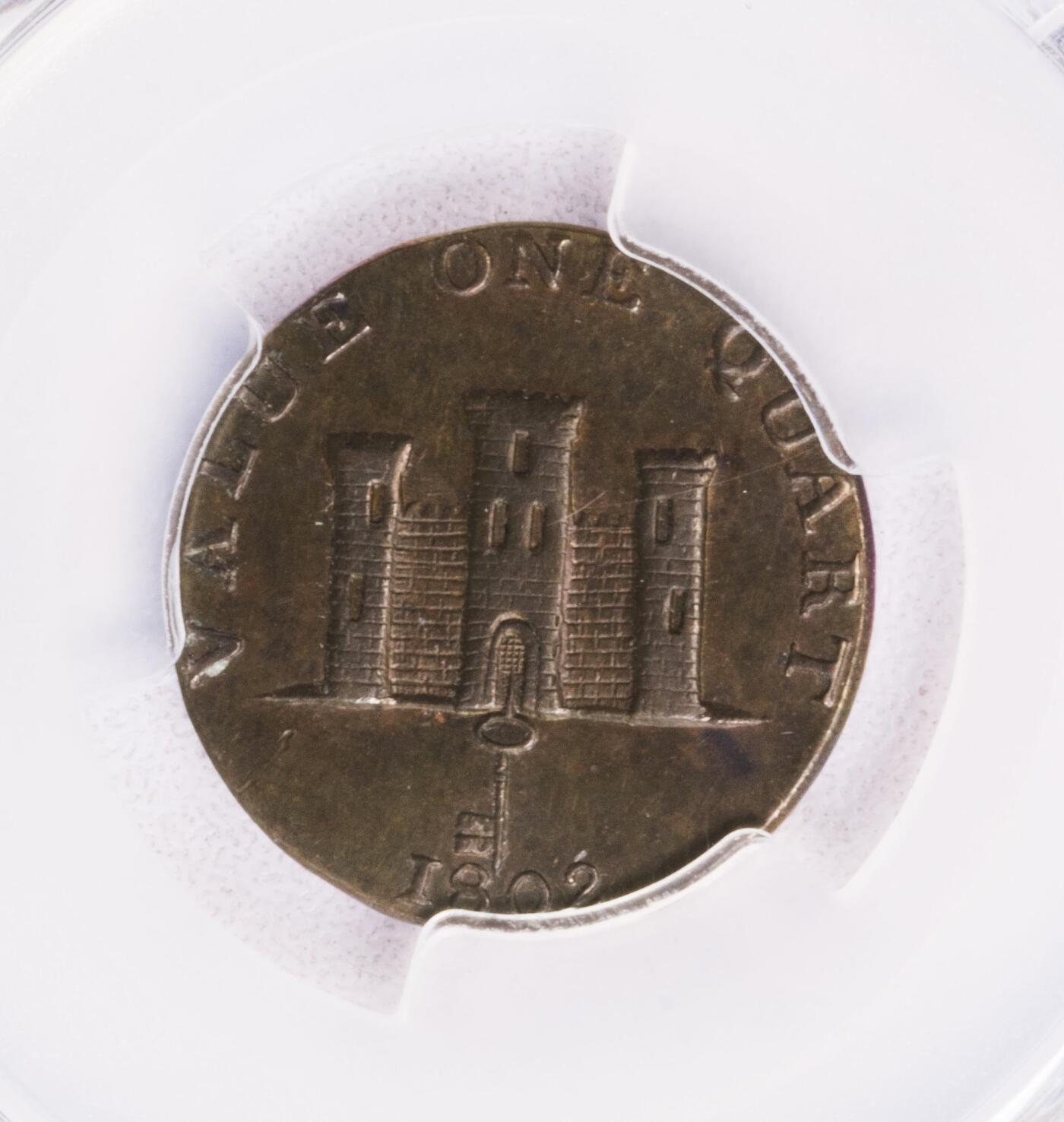 PCGS-MS62 1802直布罗陀海景1夸脱铜币 唯一冠军名家旧藏