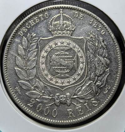 外国优质老铜币纪念币银币专场，周六晚上九点倒数截拍，满百包邮，周日发货,可寄存半年，喜欢朋友微信扫描二维码可直接参拍 - 巴西帝国佩德罗二世1888年2000瑞斯银币，依 1870 年法令发行，为帝国末代大银币，见证废奴后帝制终结，次年帝国覆灭，是巴西帝制时代的收官遗存。