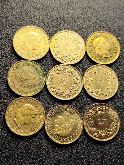 泉币菌-第223场-拍品多 请提前出价(工作原因  发货比较迟缓 已在拍卖规则里面说明 望理解) - 9枚一组 自由女神 瑞士5生丁铝黄铜硬币 