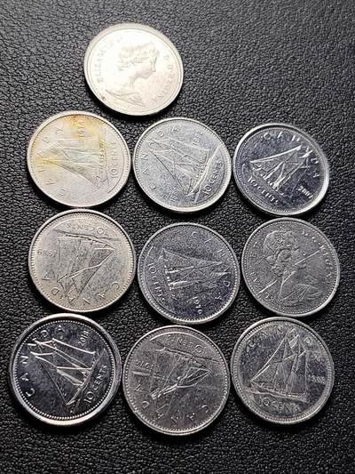 泉币菌-第223场-拍品多 请提前出价(工作原因  发货比较迟缓 已在拍卖规则里面说明 望理解) - 10枚高币值一组 加拿大10分镍币 帆船 伊丽莎白二世 混合年份未挑