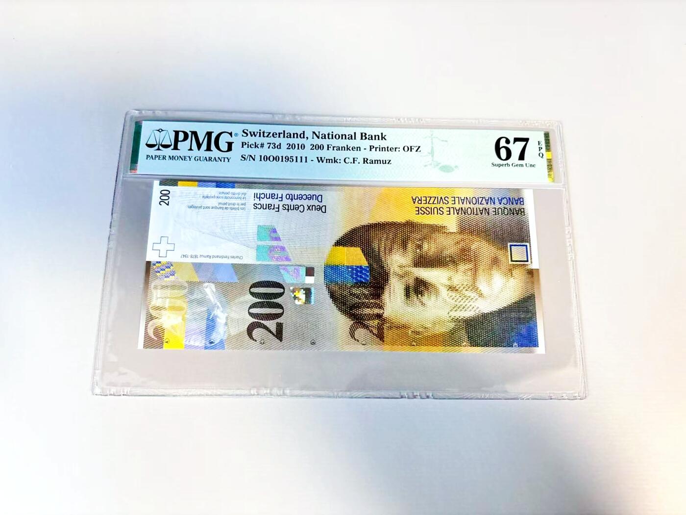 【Blue Auction】世界纸币精拍第807期——18级TOP拍卖/信誉/品质/专业/高效💫 【111豹子号无47】瑞士 2010年200法郎 PMG67EPQ