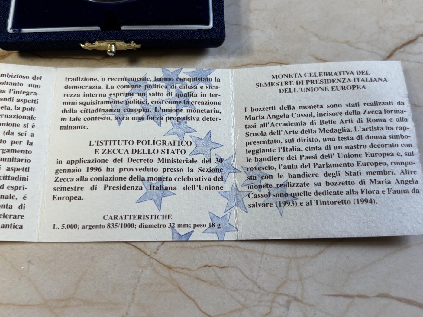 第197期拍卖 意大利1996年欧盟轮值主席国5000里拉精制纪念银币，835银，18克，