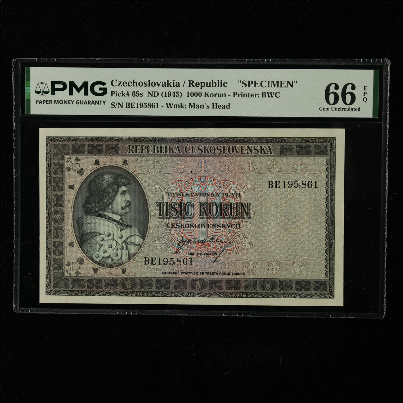 【亘邦集藏】第227期拍卖 1945年 捷克斯洛伐克共和国样钞1000克朗 PMG 66EPQ BE195861