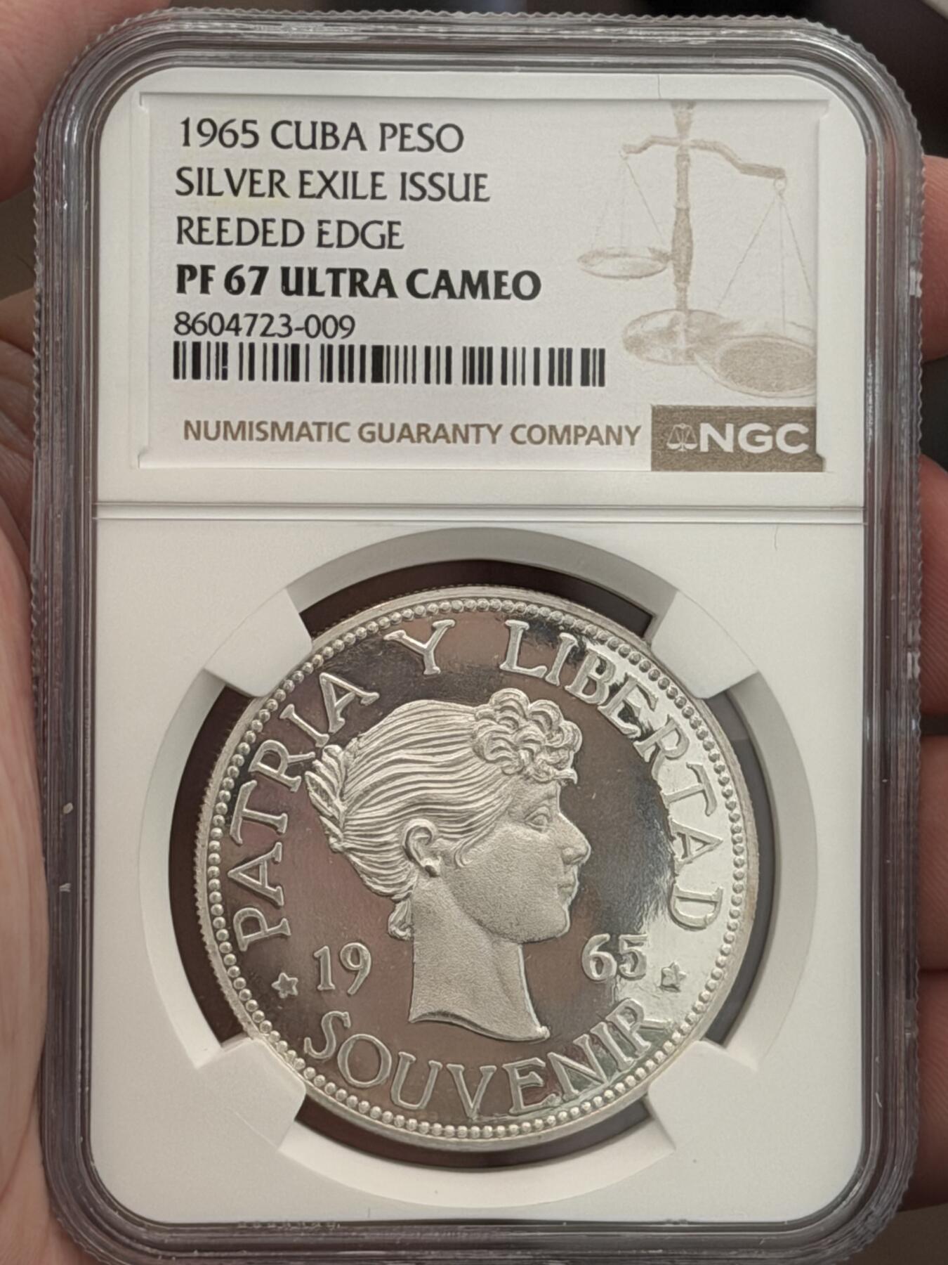 NGC-PF67UC 1965古巴流亡政府女神1比索银币