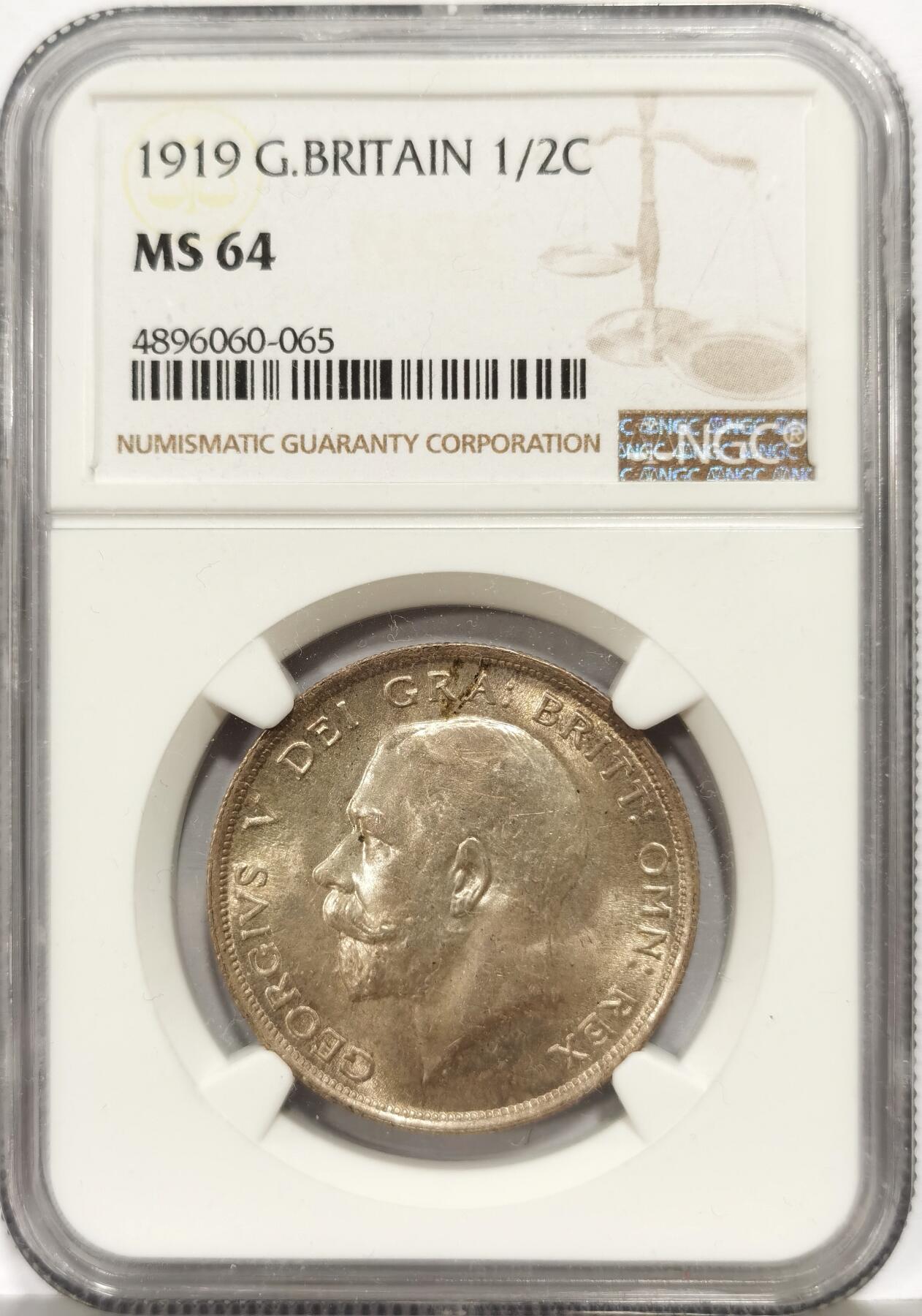 博洋堂世界钱币拍卖第168期（全场包邮） NGC MS64 英国1919年乔五1/2克朗银币，稀少年份不是1915、1918可比。