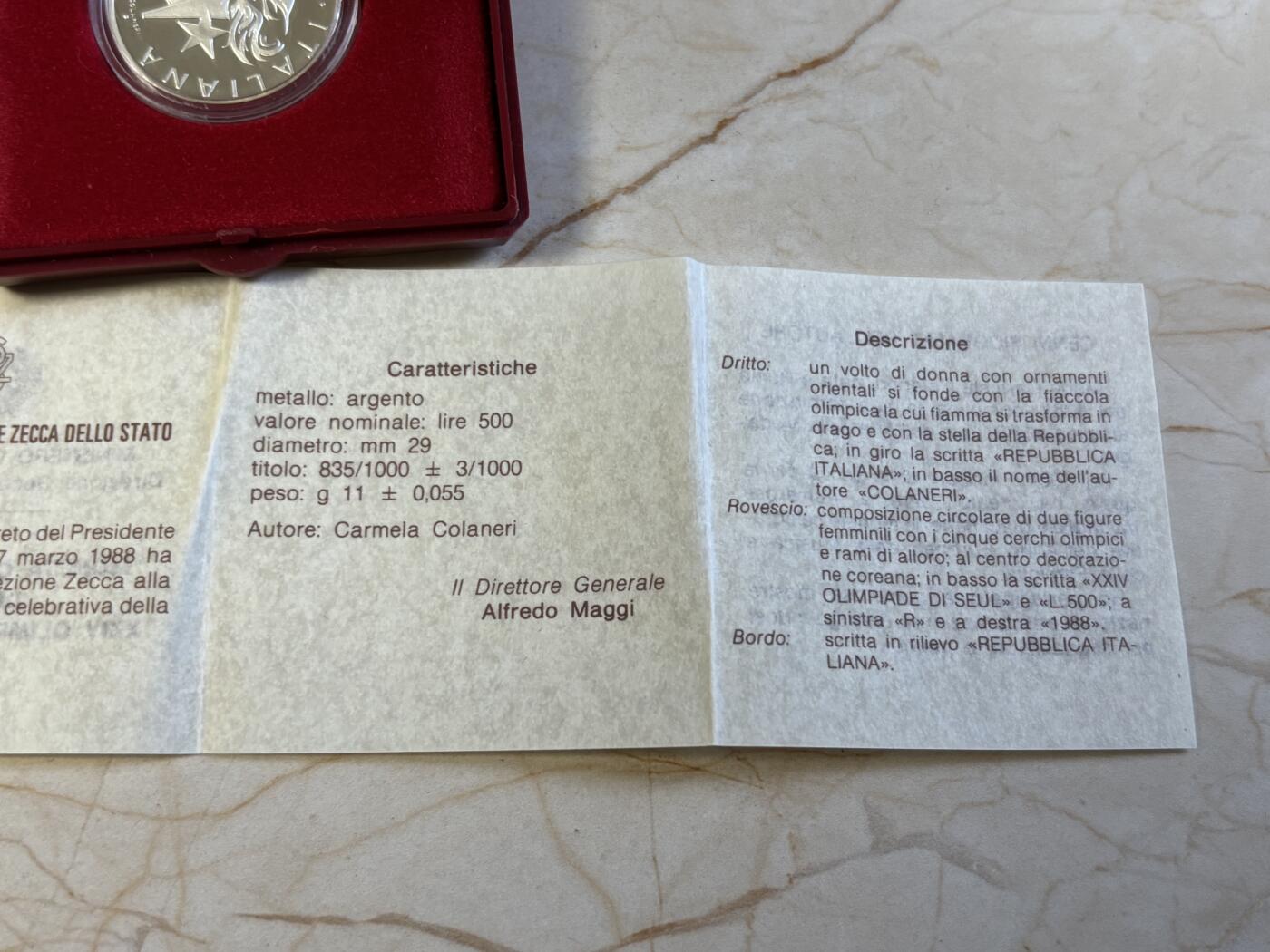 第197期拍卖 意大利1988年第24届汉城奥运会精制纪念银币原包装，835银，