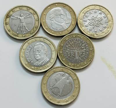 文馨钱币收藏第 299 场，长期接代拍业务 - 带光好品欧盟 6 国 1 欧元，折合人民币 47.9 元