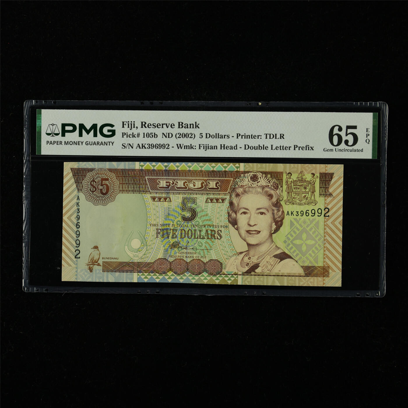 【亘邦集藏】第227期拍卖 2002年 斐济5元 PMG 65EPQ AK396992