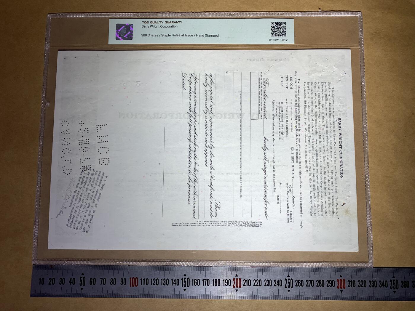 【礼羽收藏】🌏世界钱币拍卖第132期 【NU 8311】1978年美国巴里·赖特公司普通股凭证，300股，每股面值1美元，NU冠，无47尾311 永恒号，TGG53 AU 评级