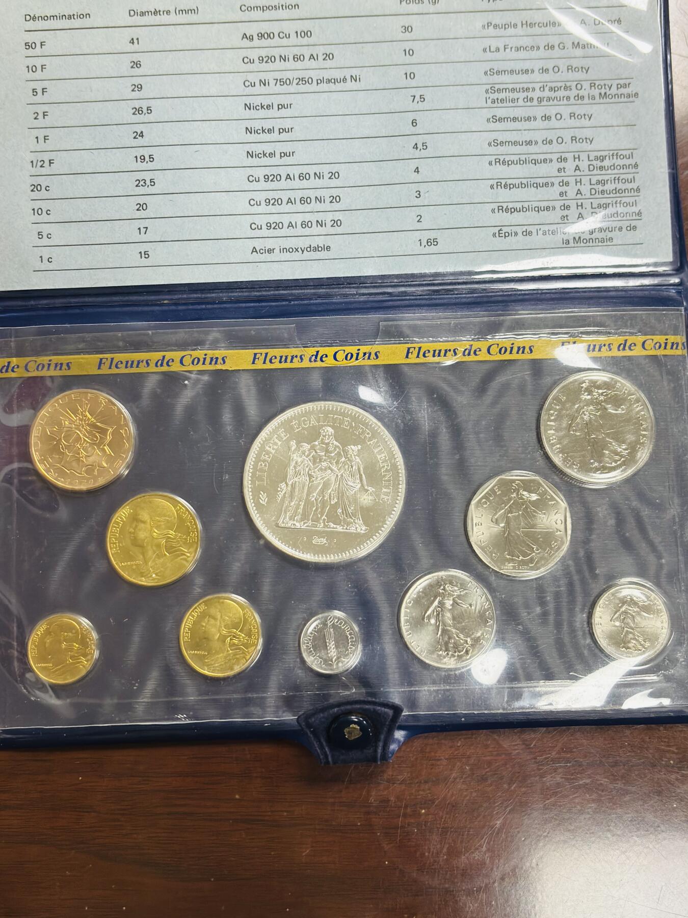 文馨钱币收藏第 299 场，长期接代拍业务 全新法国 1979 年 1 分-50 法郎 10 枚套册，50 法郎大银币 30 克 900 银，收藏一步到位