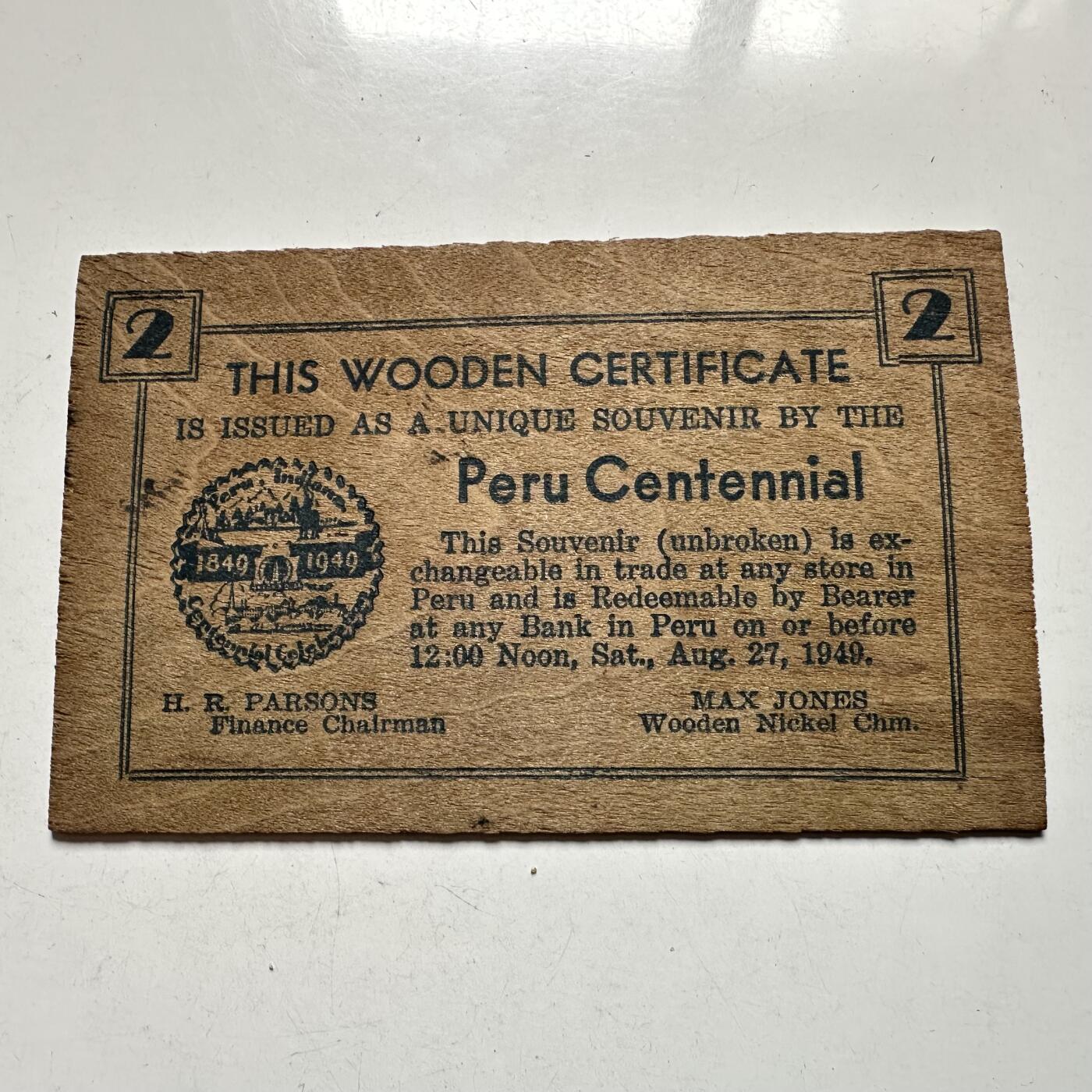 🌹外币初藏🌹🐯2026年第40场   每周二四六晚8️⃣点 世界钱币 美国 1949年 印第安纳州秘鲁市 2元木制 Token 63×100mm