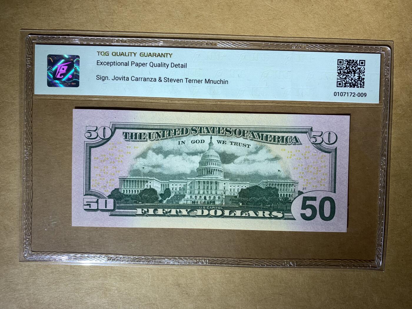 【礼羽收藏】🌏世界钱币拍卖第132期 【PL59797888A】2017年美国联邦储备银行50美元纸币，L12冠，无4尾888 豹子号，TQG66 EPQ 高分评级