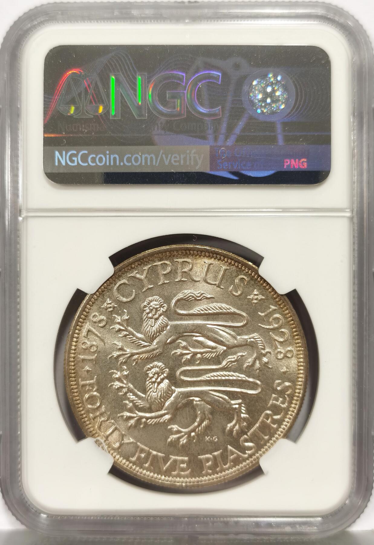 博洋堂世界钱币拍卖第168期（全场包邮） NGC MS64 英属塞浦路斯1928年乔五45P大银币，乔五时期殖民地唯二的克朗型大银，光度一流。
