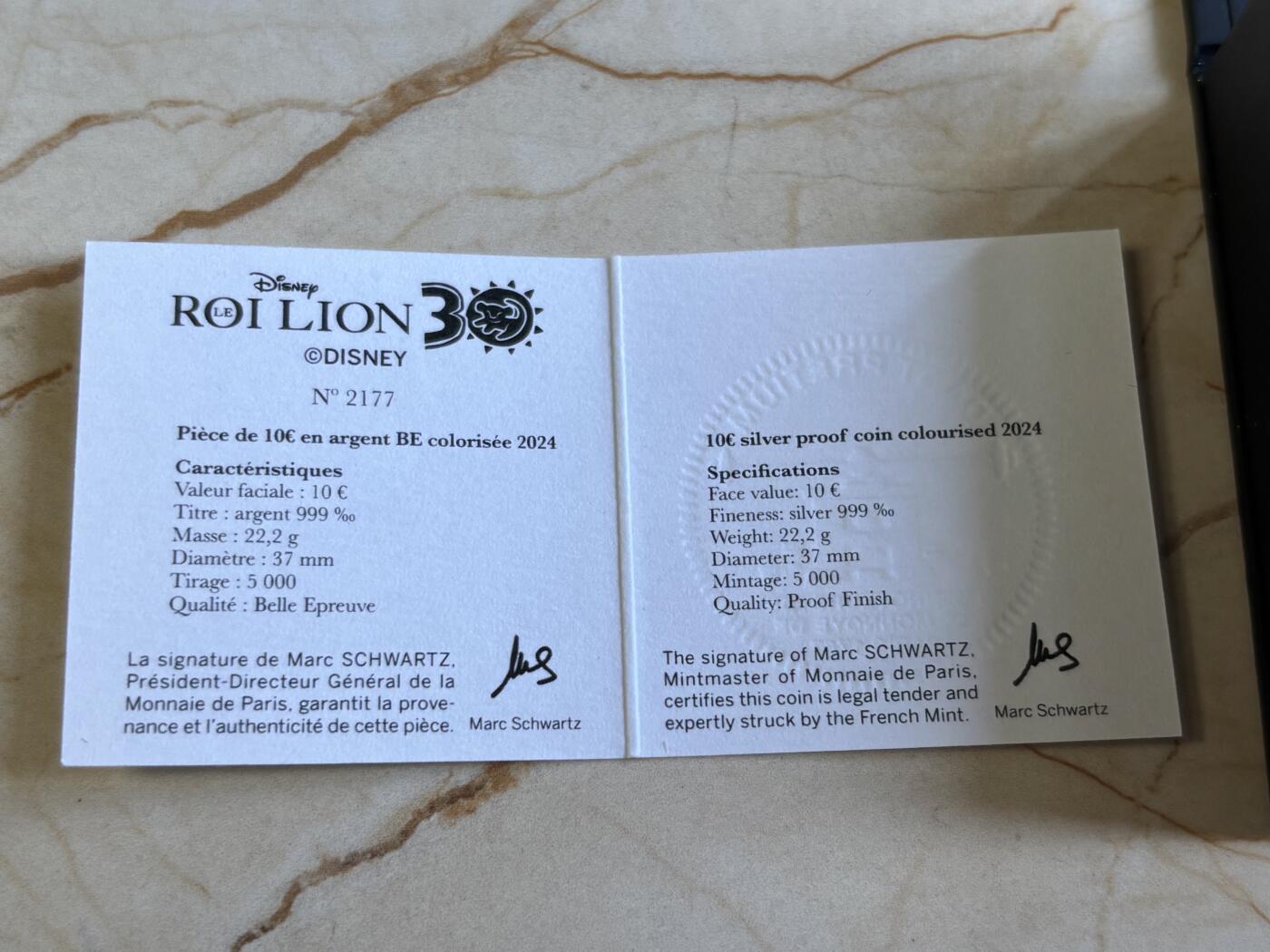 第197期拍卖 法国2024年迪士尼狮子王上映30周年彩色纪念银币，999银，22.2克，发行5000枚