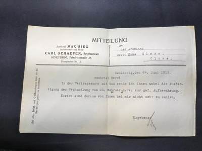 云宸嘉赏-勋臻佳藏四月精品甄选场次（低佣 一元一手） - 德意志魏玛共和国初期 律师案件办结单  发件人：马克斯・齐格（石勒苏益格市律师 / 公证人）