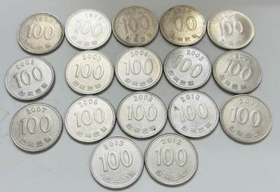 文馨钱币收藏第 299 场，长期接代拍业务 - 全新好品韩国 100 元 1992-2012 年无重复年份 14 枚