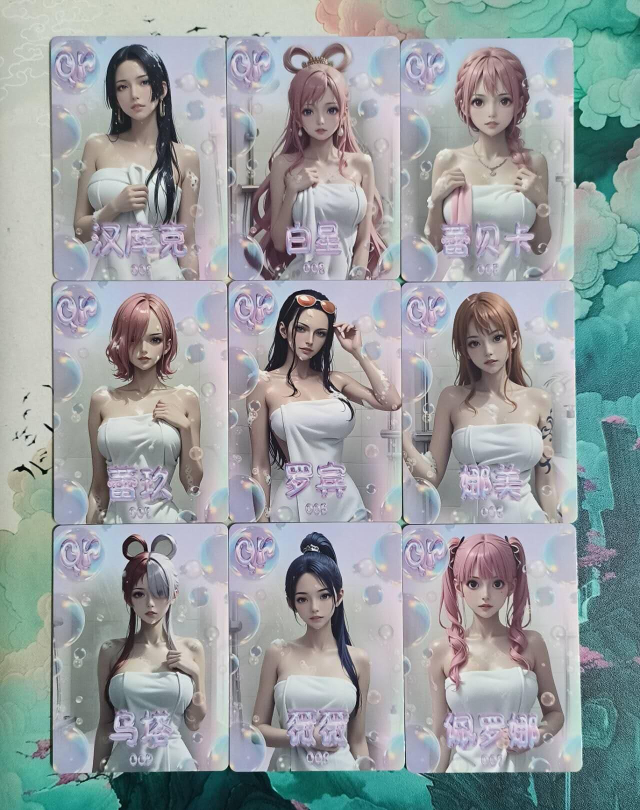 龙虎卡牌-八二场（满200元包邮，无佣金，每周六结拍，欢迎送拍） 浮雕普卡9张 海贼王 人气女角色浴袍装 一套