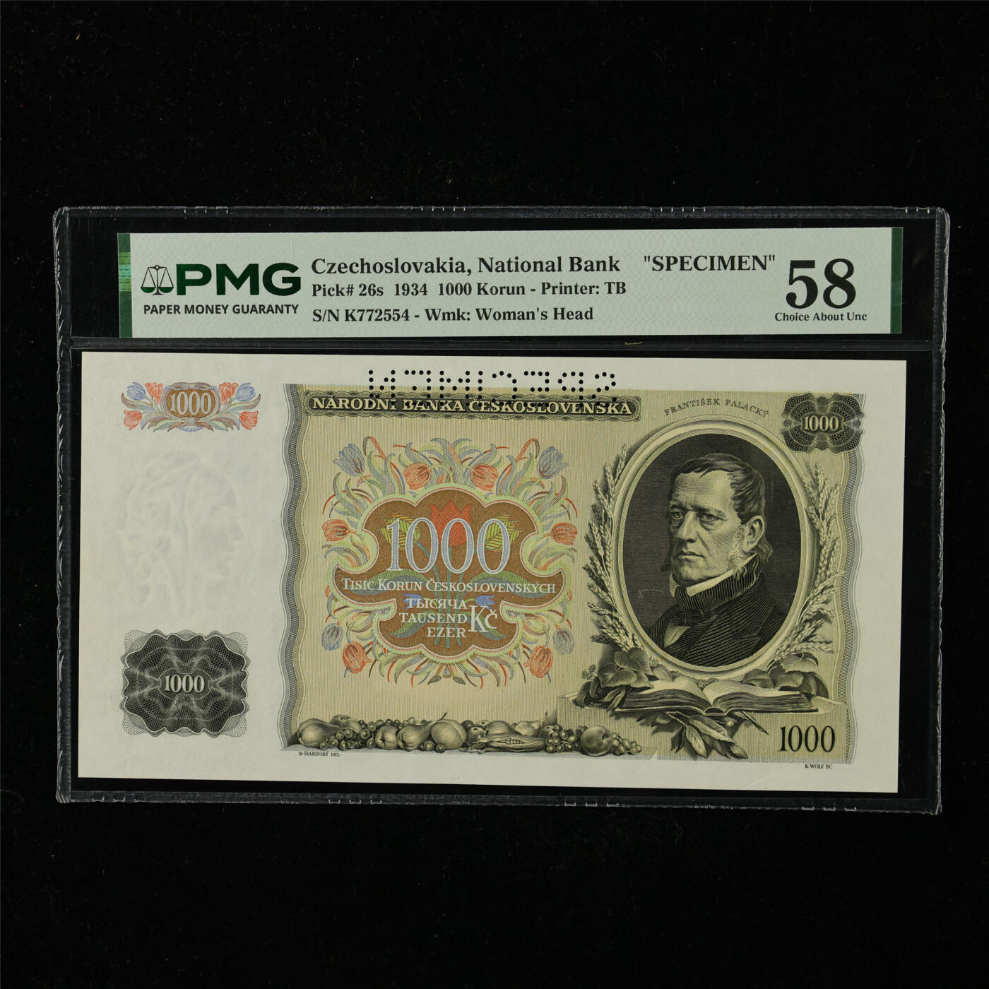 【亘邦集藏】第227期拍卖 1934年 捷克斯洛伐克国家银行样钞1000克朗 PMG 58 K772554