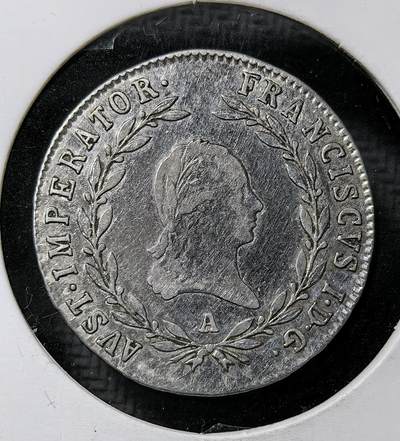 外国优质老铜币纪念币银币专场，周六晚上九点倒数截拍，满百包邮，周日发货,可寄存半年，喜欢朋友微信扫描二维码可直接参拍 - 奥地利帝国弗朗茨一世1821年20 克鲁泽银币，铸于维也纳造币厂，是拿破仑战争后哈布斯堡王朝的流通银币，见证神圣罗马帝国终结后奥地利帝国的货币体系与欧洲战后秩序。