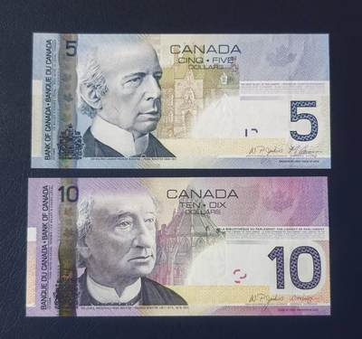 北京马甸外国币专卖第150期，外国纸币专场，陆续上拍，欢迎关注 - 全新UNC 加拿大纸币5圆 ，10圆旅行版 2张
