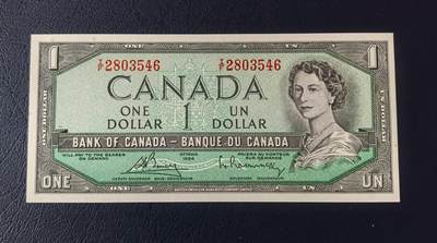 北京马甸外国币专卖第150期，外国纸币专场，陆续上拍，欢迎关注 - 1954年版加拿大女王年轻头像1元纸币全新