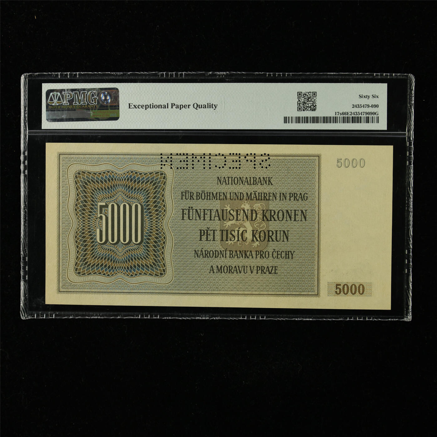 【亘邦集藏】第227期拍卖 1944年 波西米亚和摩拉维亚样钞5000克朗 PMG 66EPQ S.05A 031589