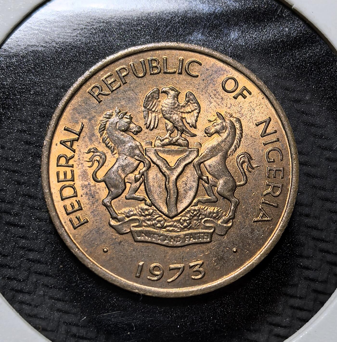 外国优质老铜币纪念币银币专场，周六晚上九点倒数截拍，满百包邮，周日发货,可寄存半年，喜欢朋友微信扫描二维码可直接参拍 尼日利亚1973 年棉花1/2 考包铜币。正面为尼日利亚国徽，背面以棉花图案彰显其农业经济特色，是尼日利亚独立后十进制货币体系的流通辅币，见证非洲国家货币自主进程。