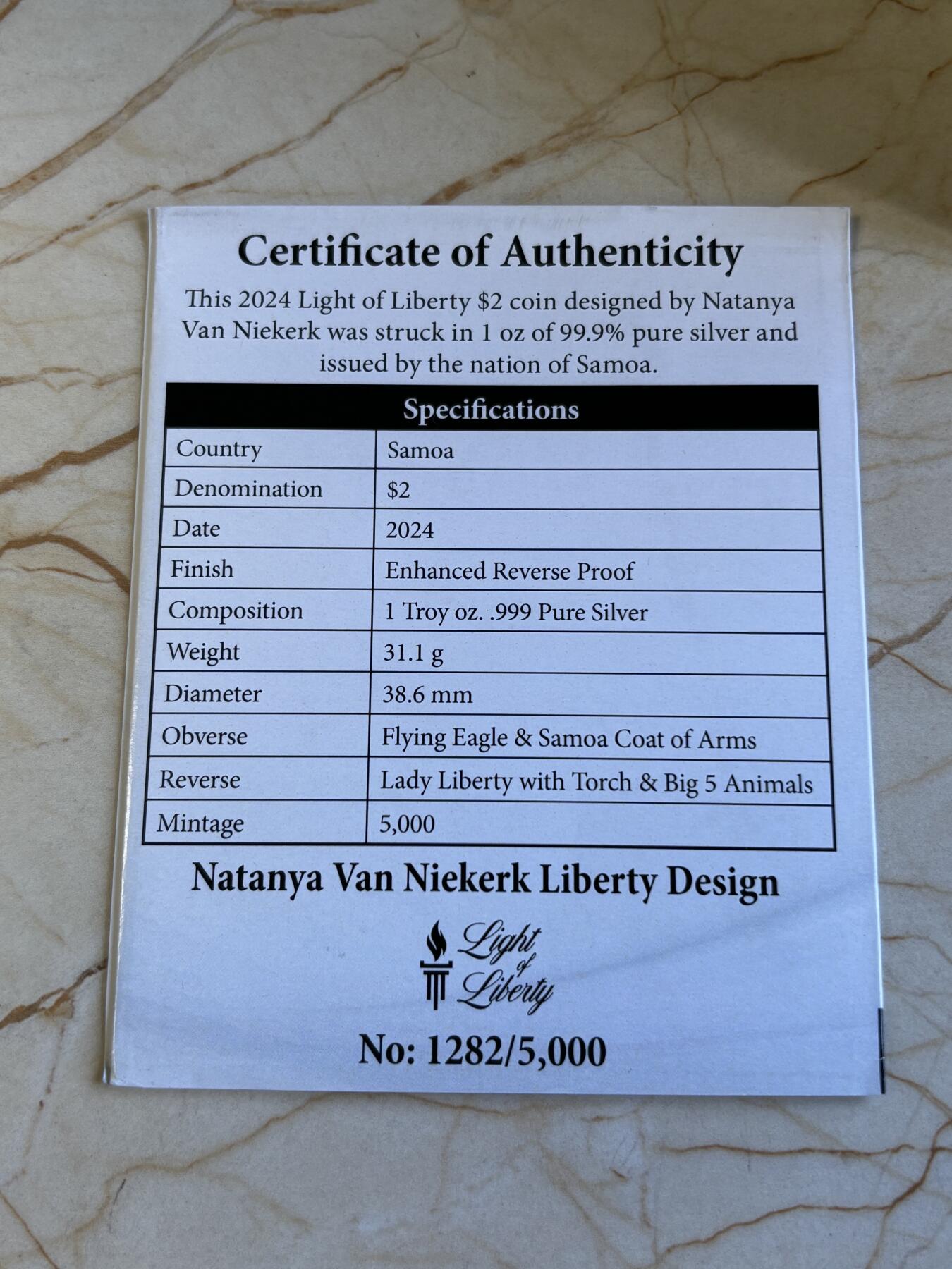 第197期拍卖 萨摩亚2024年自由之光飞鹰1盎司反精制高浮雕纪念银币，999银，发行5000枚银价584