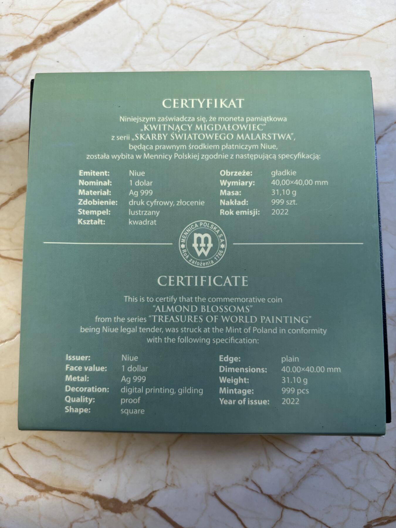 第197期拍卖 纽埃2022年世界名画系列梵高杏花开1盎司彩色银币，999银，发行999枚